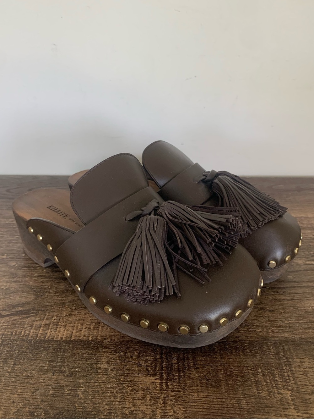 KHAITE Oliver Studded Brown Leather Wooden Clogs With Tassels Size EU 37 US 7